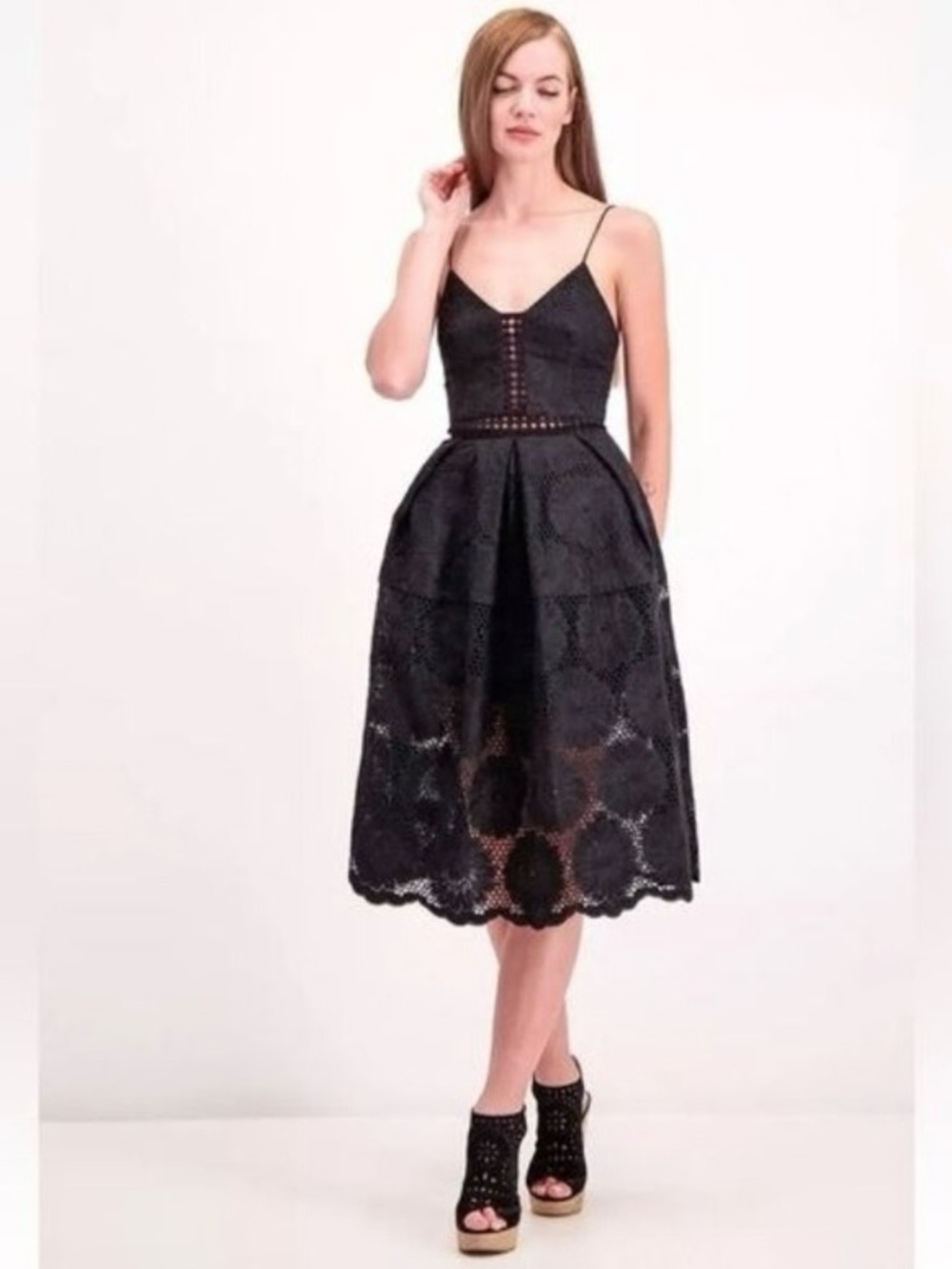 Nicholas Black Sunflower Lace Midi Dress Spaghetti Strap Fit Flare US 10